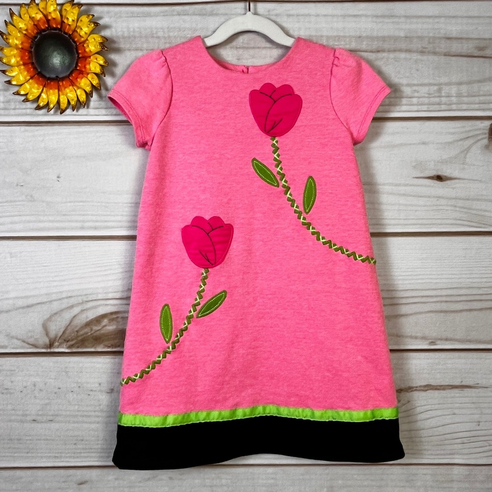 Hartstrings Kids Pink Tulip Floral Applique Knit Dress 5 Short Slv Spring